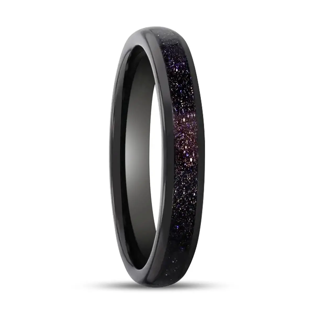 Astrum | Black Tungsten Ring, Purple Goldstone Inlay, Domed 1