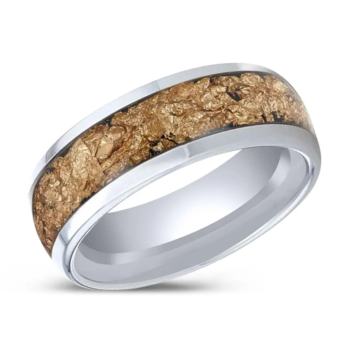Luxe | Tungsten Ring, Decorative Gold Flake Inlay, Domed 2