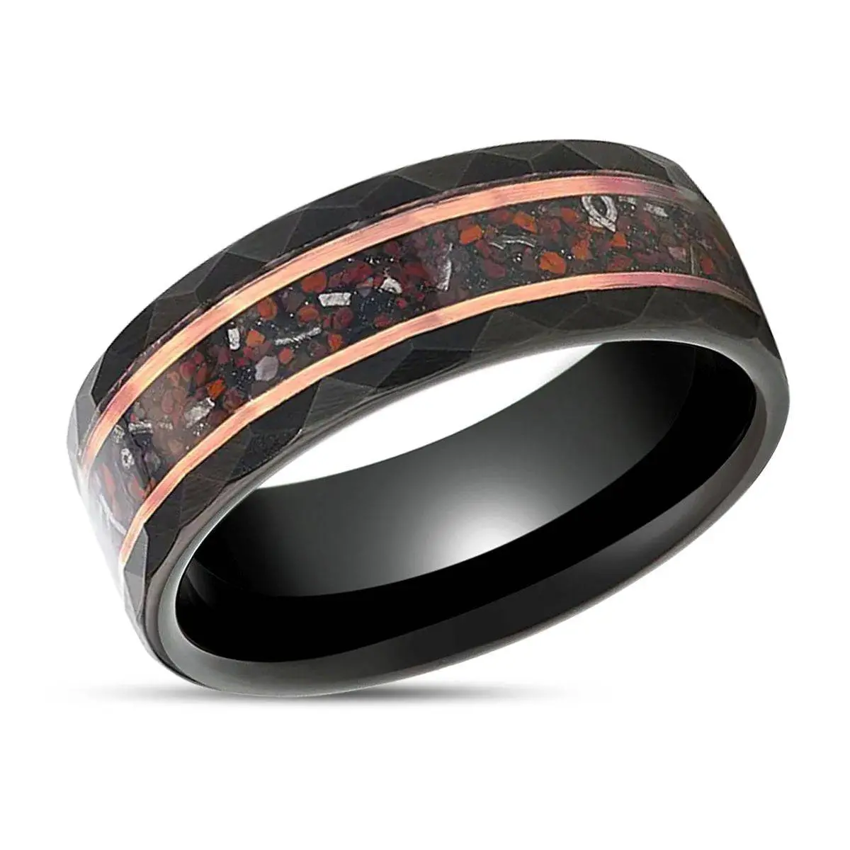 Inferno | Black Tungsten Ring, Hammered, Dinosaur & Meteorite Inlay 2