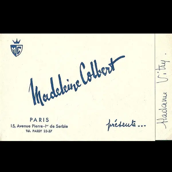Carton D'invitation De La Maison Madeleine Colbert, 15 Avenue Pierre Ier De Serbie À Paris (Circa 1940) 1