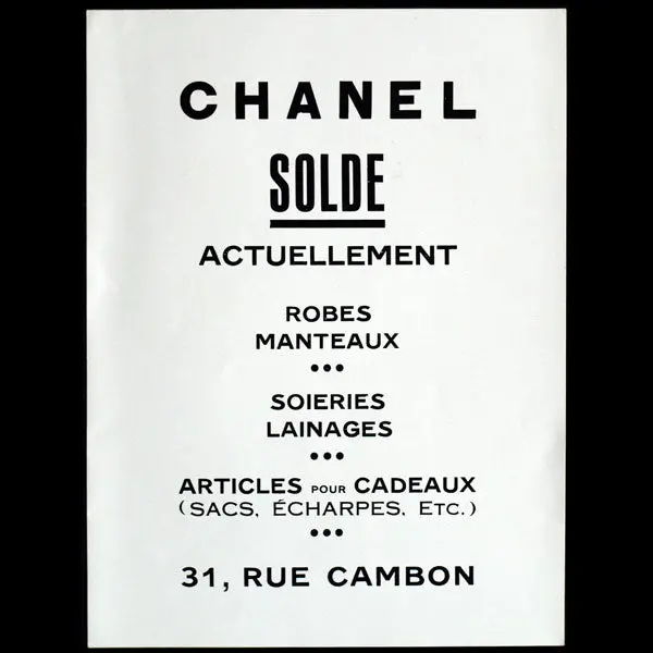 Annonce Des Soldes De La Maison Chanel, 31 Rue Cambon, Robes, Manteaux, Soieries, Lainages, Article Pour Cadeaux (Circa 1935) 1