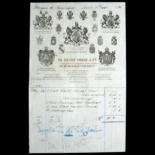 Facture Du Tailleur Henry Poole And Co, 36, 37, 38, 39 Saville Row À Londres (1886) 1