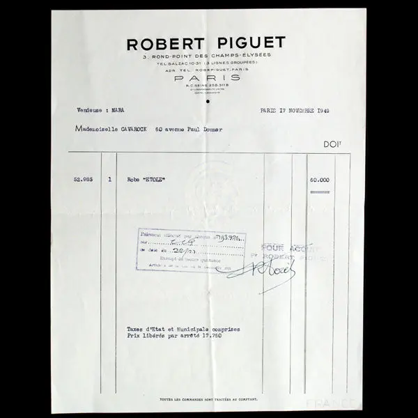 Facture De La Maison Robert Piguet (1949) 1