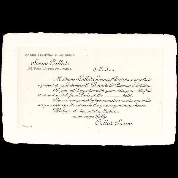 Callot Soeurs - Carte D'invitation Pour Une Présentation De Modèles À L'exposition Panama De San-Francisco (1915) 1