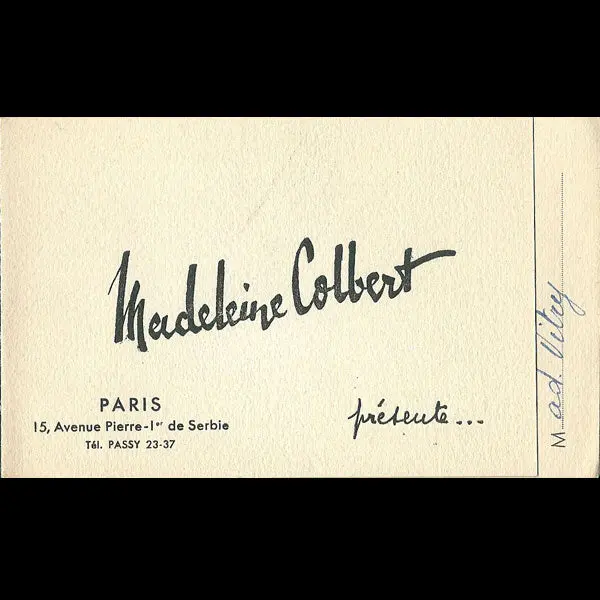 Carton D'invitation De La Maison Madeleine Colbert, 15 Avenue Pierre Ier De Serbie À Paris (Circa 1940) 1