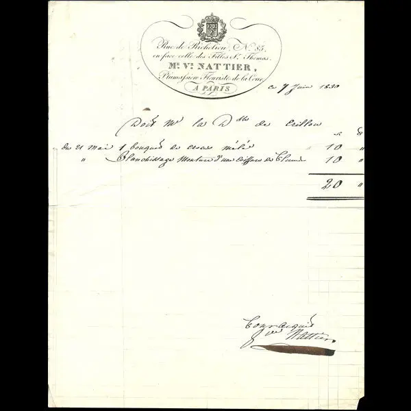 Facture De Madame Veuve Nattier, Plumassière Et Fleuriste De La Cour, 25 Rue De Richelieu À Paris (1830) 1