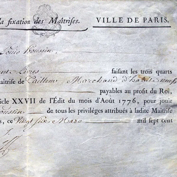 Quittance De La Ville De Paris Pour La Maîtrise De Tailleur Marchand D'habits Neufs Et Vieux De Louis Houssin (1783) 2