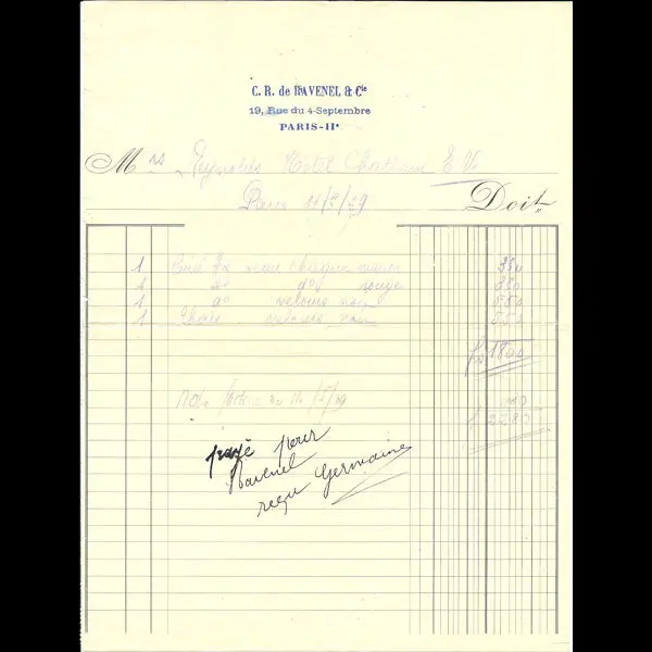 Facture De La Maison C. R. De Ravenel Et Cie, 19 Rue Du 4 Septembre À Paris (1929) 1