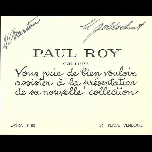 Carton D'invitation De La Maison Paul Roy, 26 Place Vendôme À Paris (Circa 1937-1940) 1