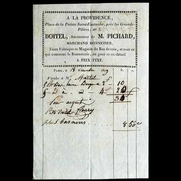 A La Providence, Boitel, Successeur De M. Pichard, Marchand Bonnetier, Place De La Pointe Sainte-Eustache, À Paris (1829) 1