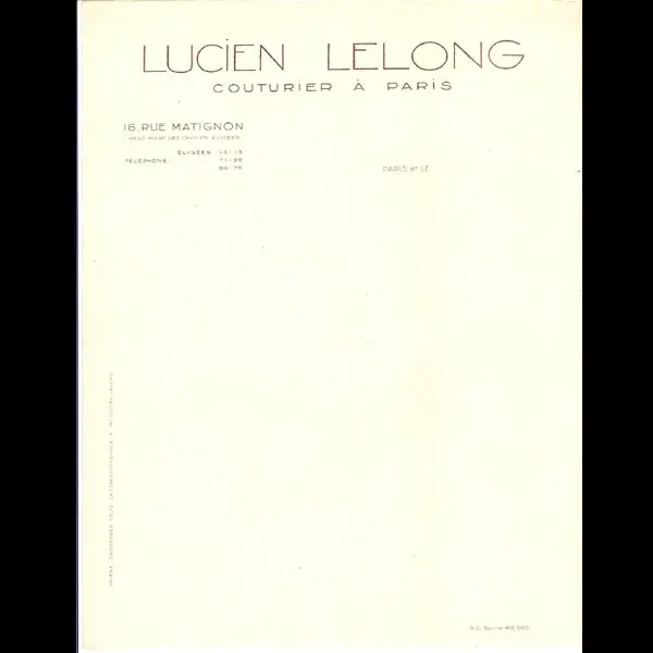 Papier À En-Tête De La Maison Lucien Lelong (Circa 1925) 1