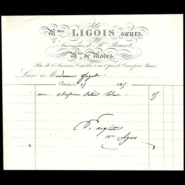 Mmes Ligois Soeurs - Facture Des Marchandes De Modes, 5 Rue De L'ancienne Comédie À Paris (1835) 1