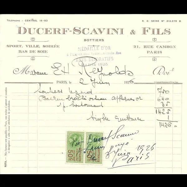Facture De La Maison Ducerf-Scavini, Bottier 21 Rue Cambon À Paris (1926) 1