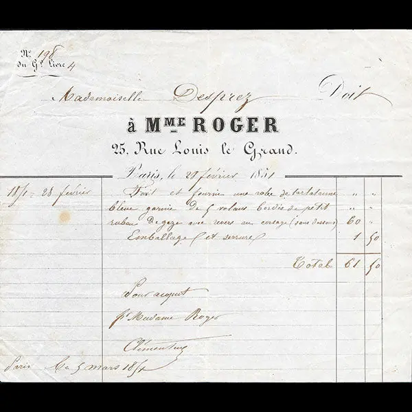Mme Roger - Facture De La Couturière, 25 Rue Louis Le Grand À Paris (1851) 1