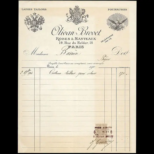 Olivan-Brevet - Facture De La Maison De Couture, 14 Rue Du Helder À Paris (1906) 1