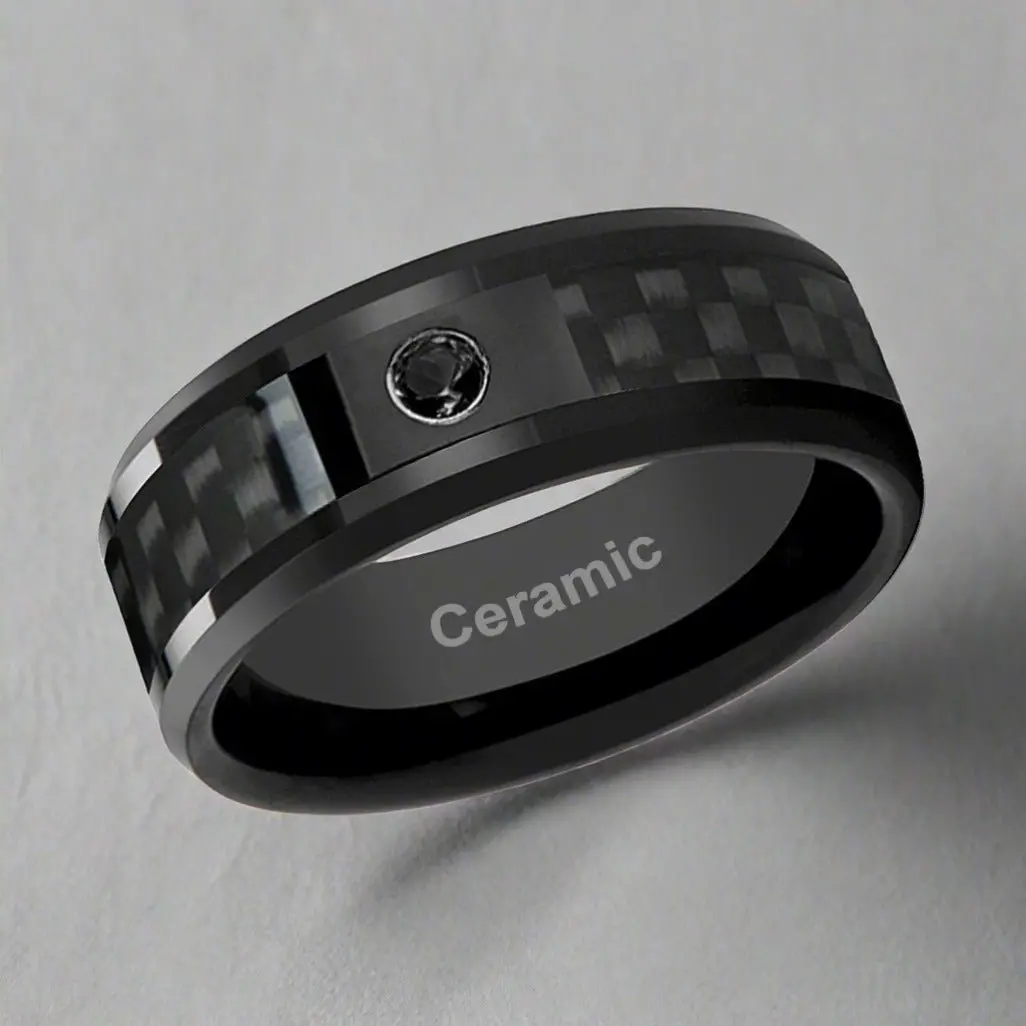 Aberdeen | Black Ceramic Ring, Black Carbon Fiber, Black Diamond, Beveled 3