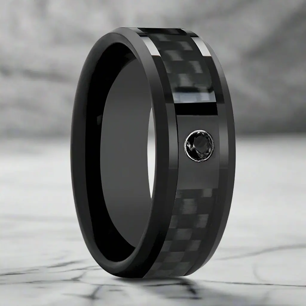 Aberdeen | Black Ceramic Ring, Black Carbon Fiber, Black Diamond, Beveled 1