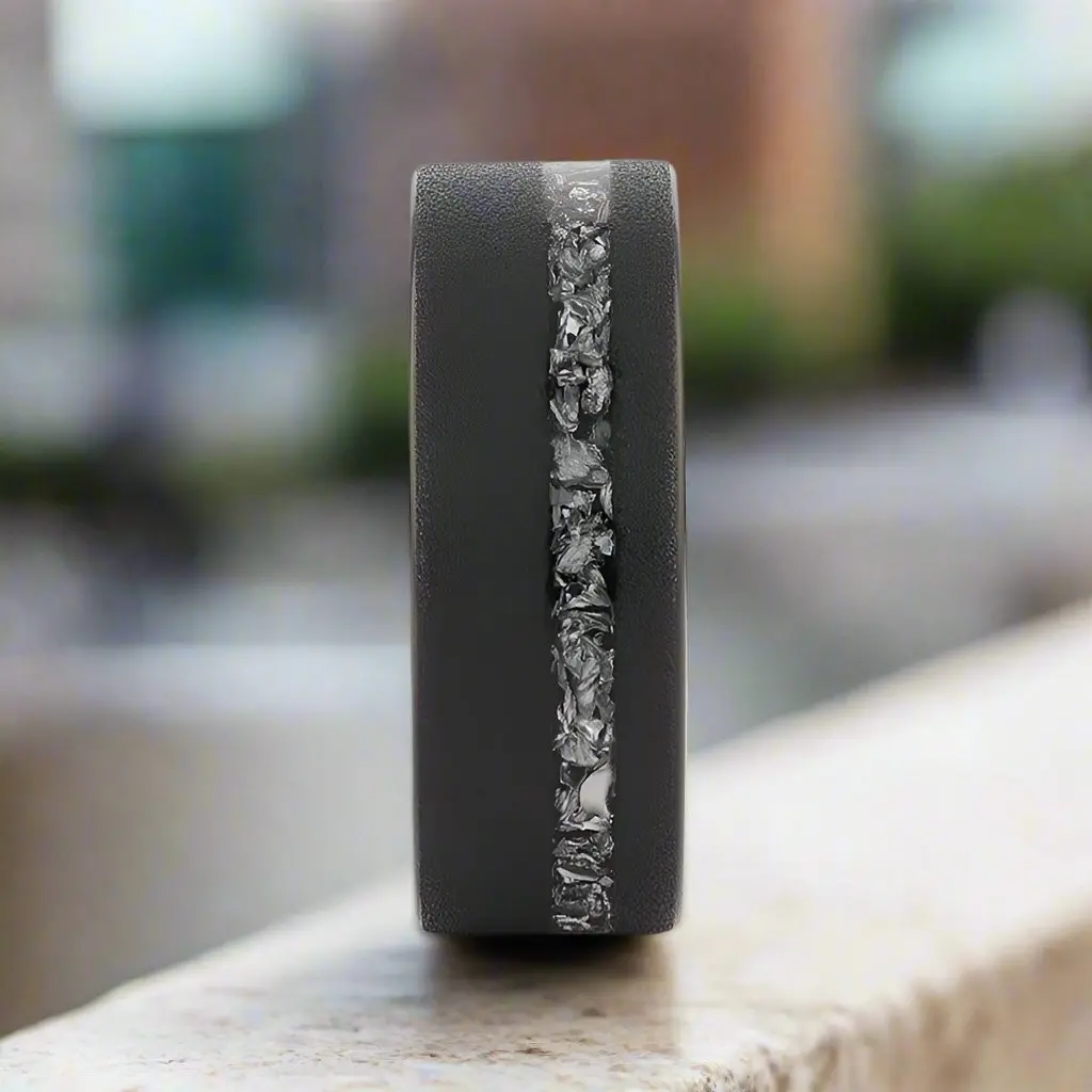 Abyss | Tungsten Ring, Sandblasted, Meteorite Fragments Inlay, Flat 4