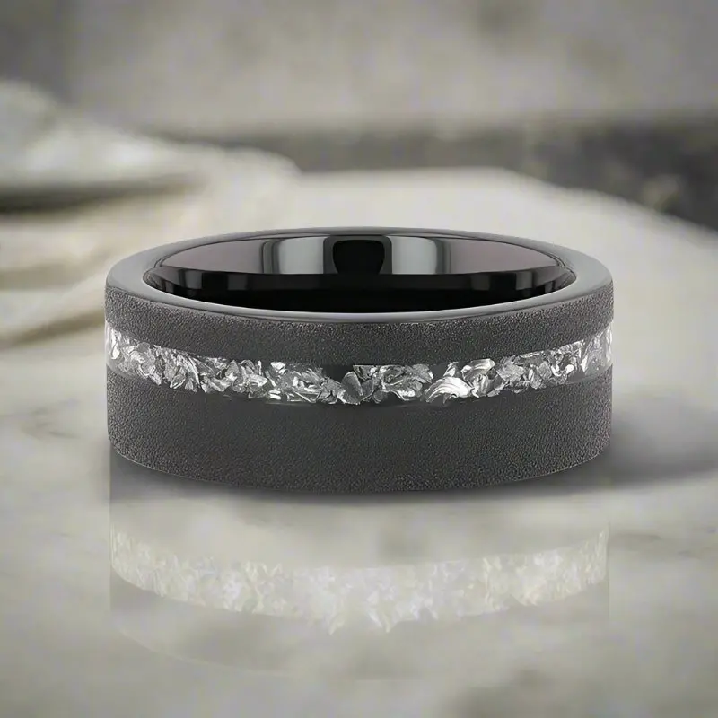 Abyss | Tungsten Ring, Sandblasted, Meteorite Fragments Inlay, Flat 2