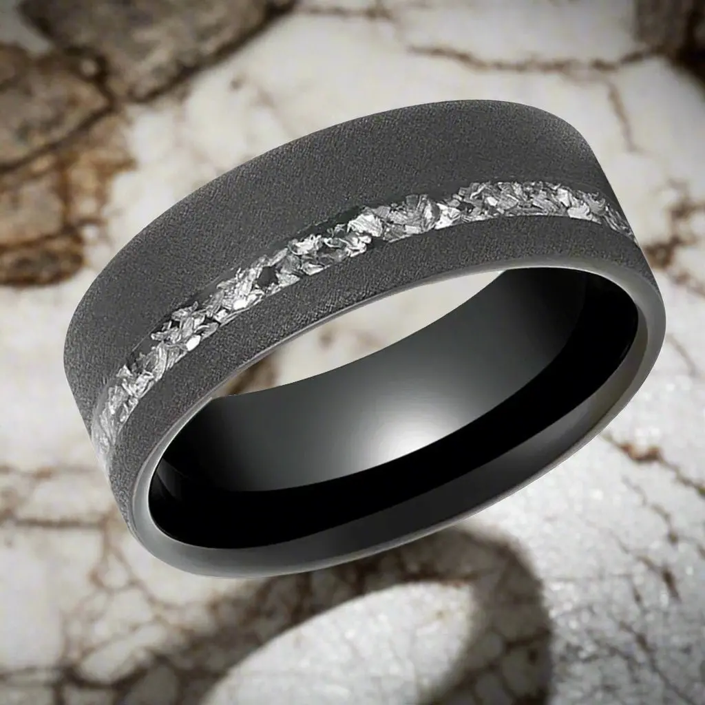 Abyss | Tungsten Ring, Sandblasted, Meteorite Fragments Inlay, Flat 3