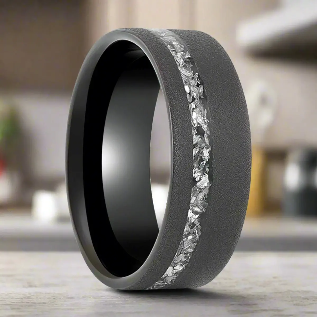 Abyss | Tungsten Ring, Sandblasted, Meteorite Fragments Inlay, Flat 1