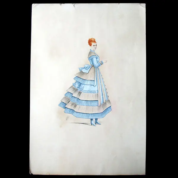 Projets De Robes, Ensemble De 2 Dessins À L'aquarelle D'un Dessinateur En Costumes Et Robes (Circa 1870) 1