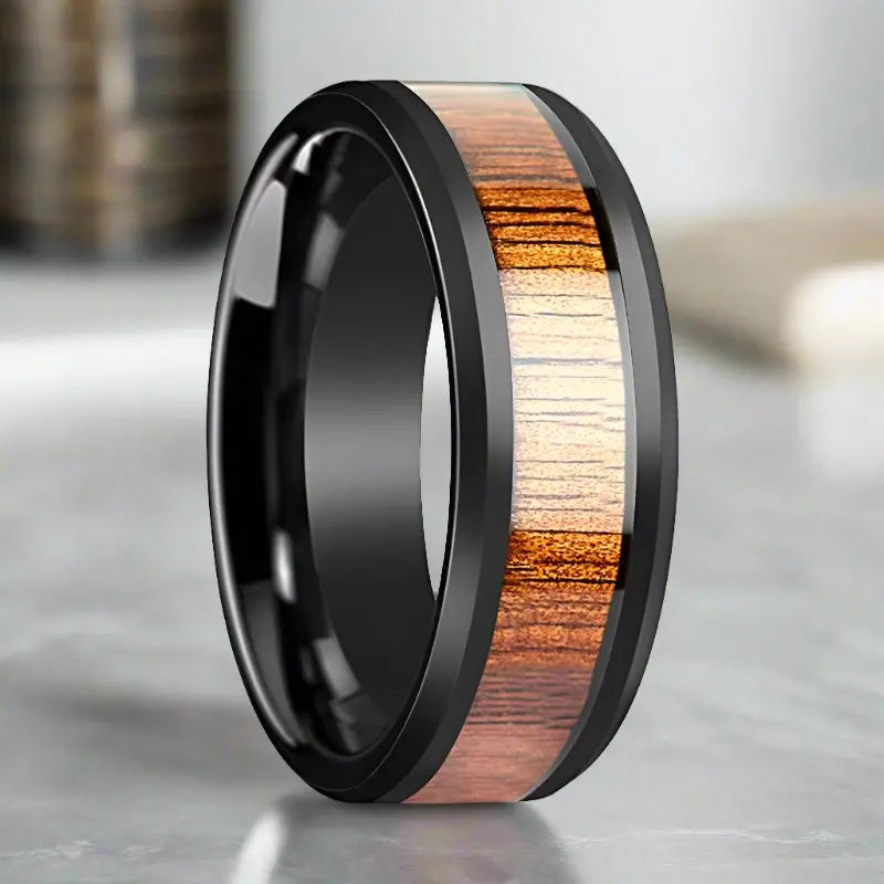 Acacia | Black Ceramic Ring, Koa Wood Inlay, Beveled 1