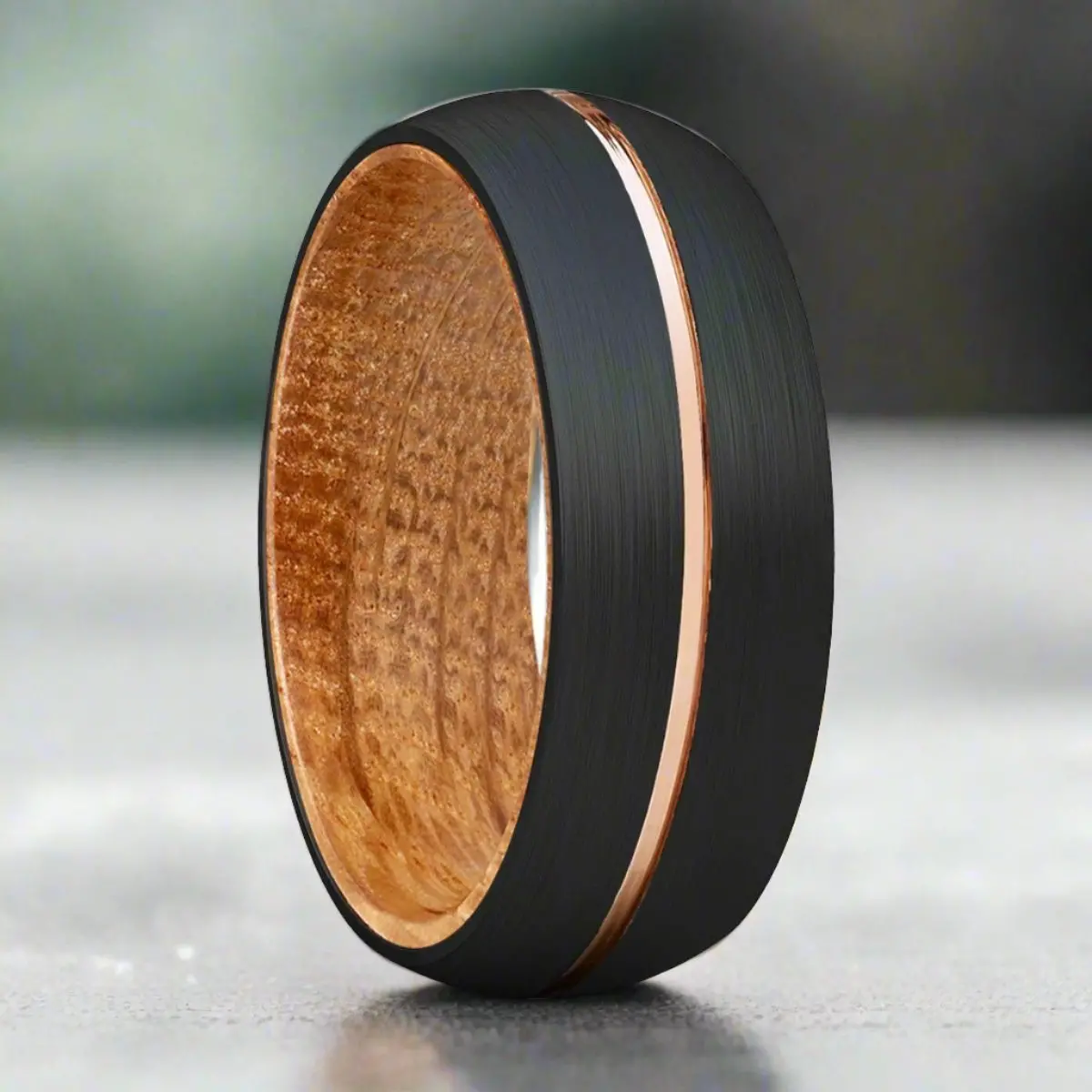 Acaleta | Whiskey Barrel Wood, Black Tungsten Ring, Rose Gold Groove, Domed 1