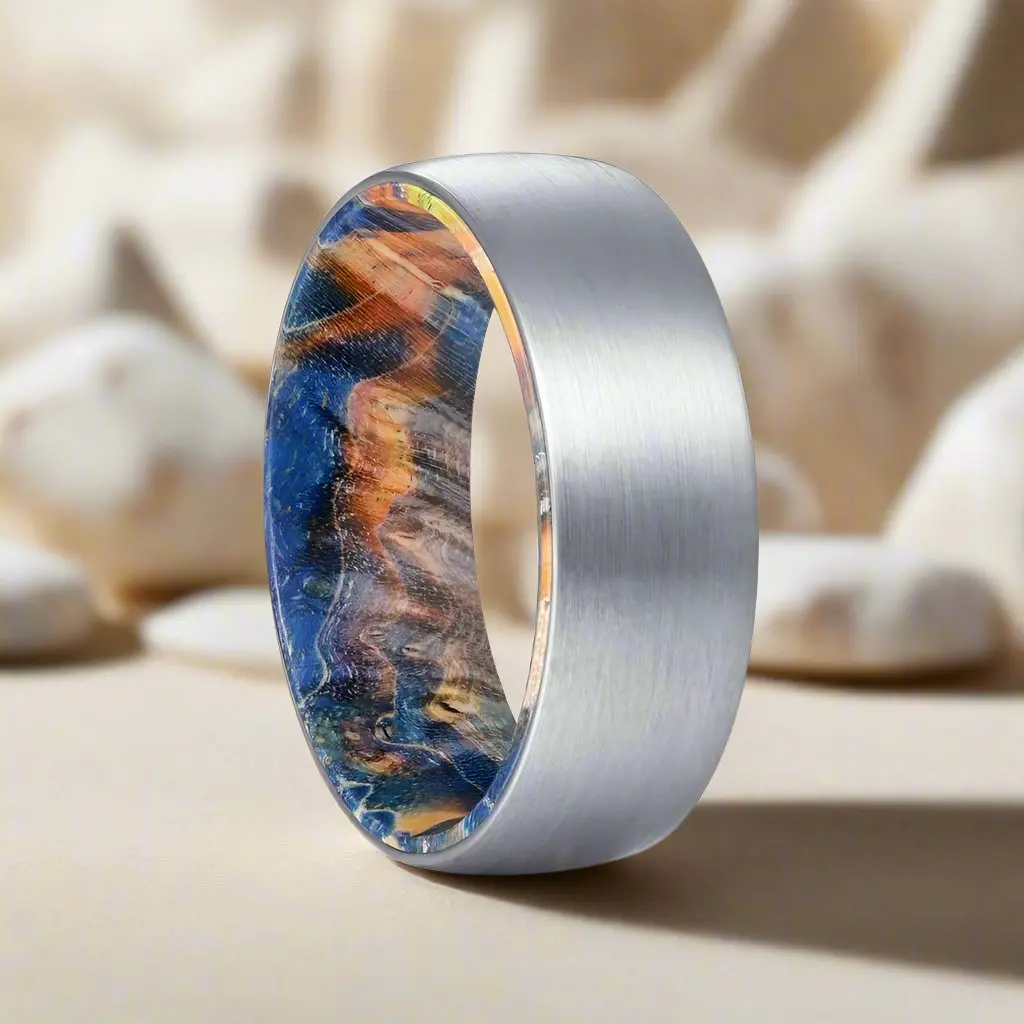 Ace | Blue & Yellow/Orange Wood, Silver Tungsten Ring, Brushed, Domed 1