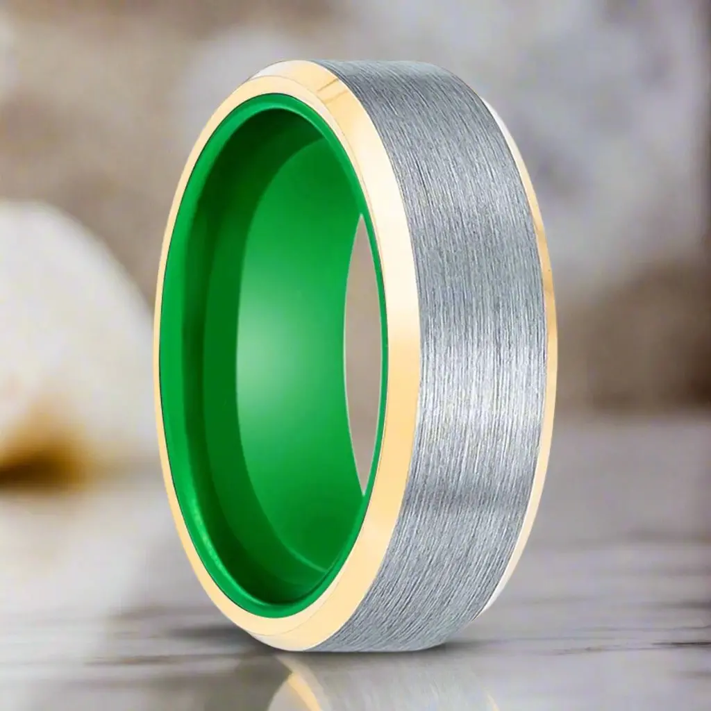 Aces | Green Ring, Brushed, Silver Tungsten Ring, Gold Beveled Edges 1