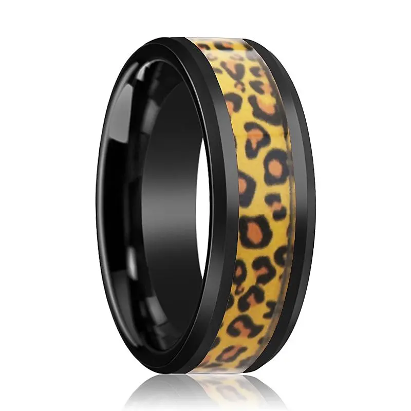 Namibia | Black Ceramic Ring, Cheetah Animal Print Inlay, Beveled 1
