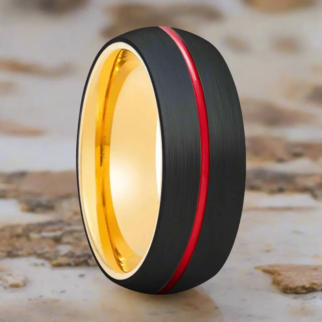 Acroba | Gold Ring, Black Tungsten Ring, Red Groove, Domed 1