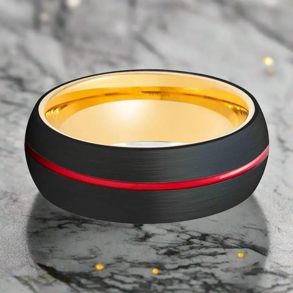 Acroba | Gold Ring, Black Tungsten Ring, Red Groove, Domed 2