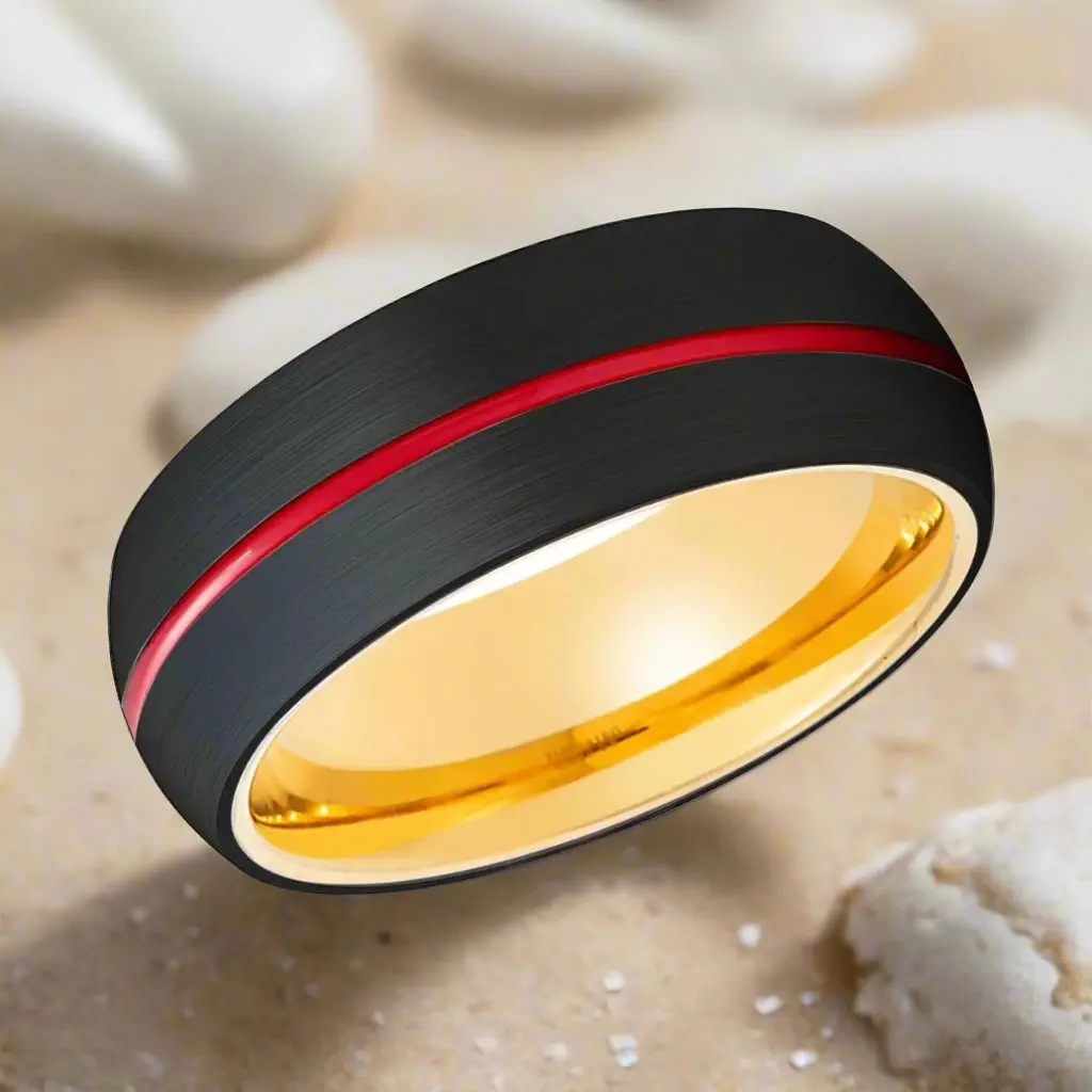 Acroba | Gold Ring, Black Tungsten Ring, Red Groove, Domed 3