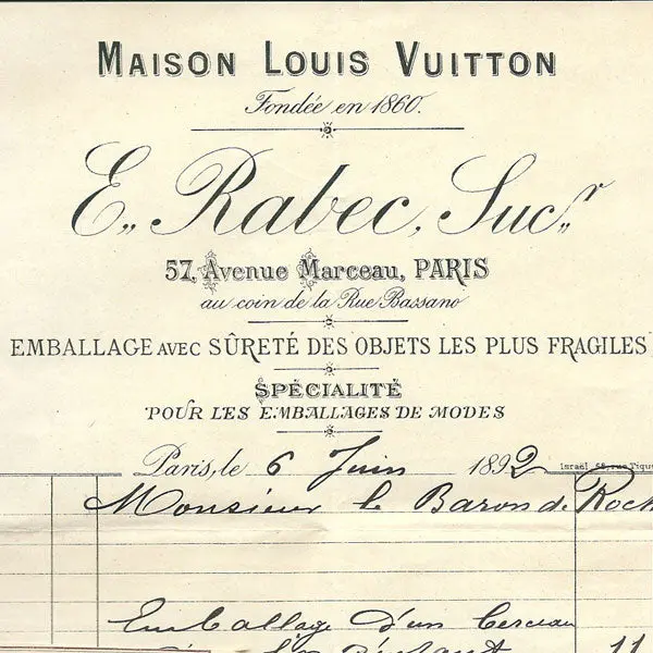 Facture De La Maison Louis Vuitton, Emile Rabec, 57 Avenue Marceau À Paris (1892) 2