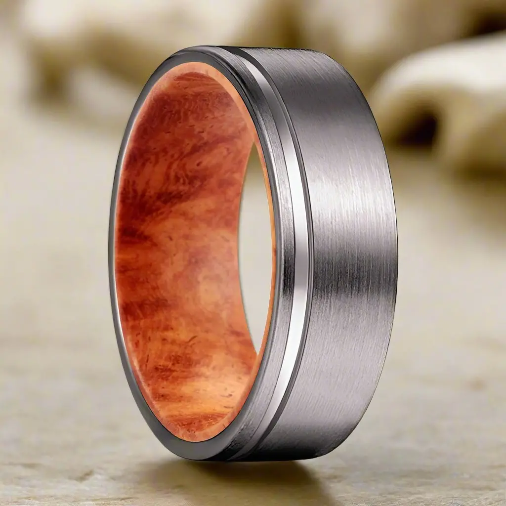 Adar | Red Burl Wood, Gunmetal Tungsten Offset Groove 1