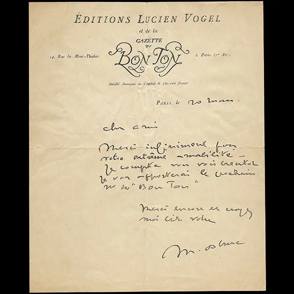 Gazette Du Bon Ton, Lettre De Marcel Astruc (Circa 1920) 1