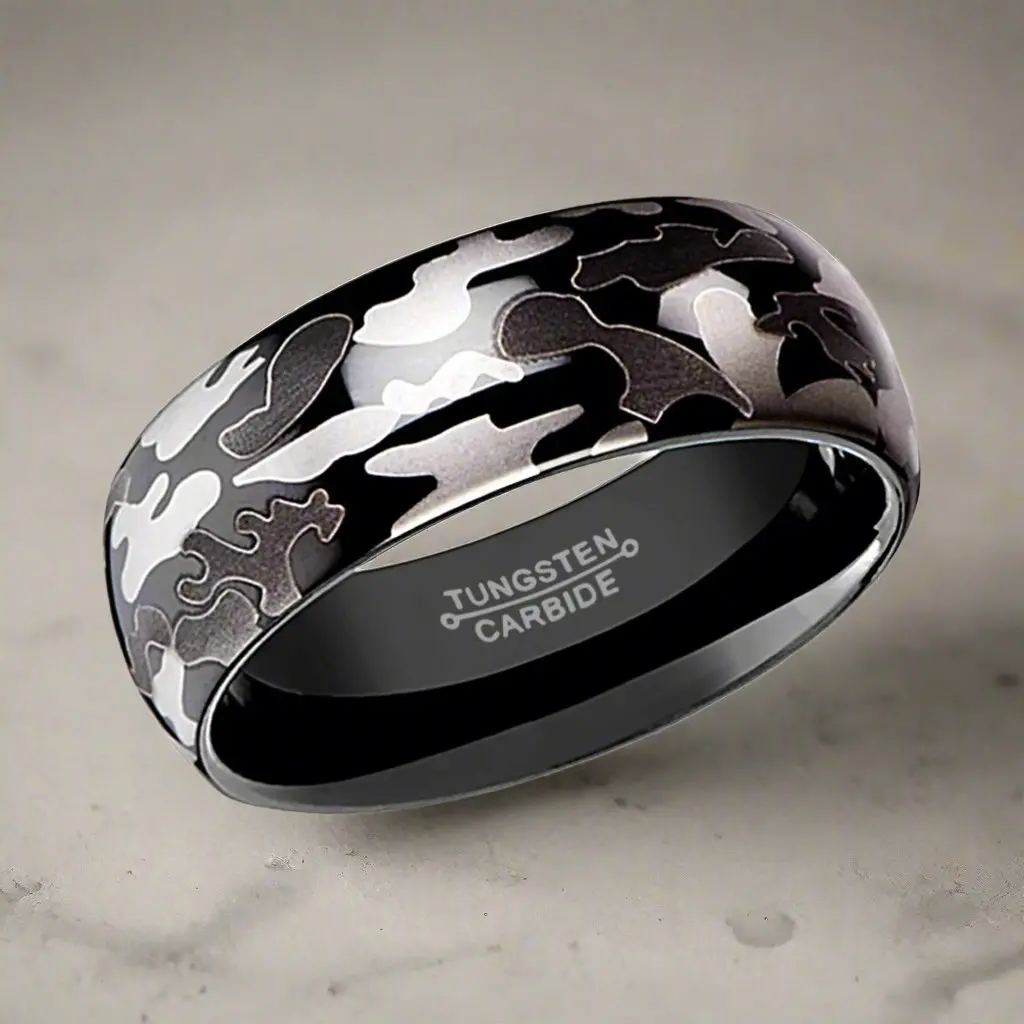 Admiral | Black Tungsten Ring, Black And Gray Camo, Domed 3