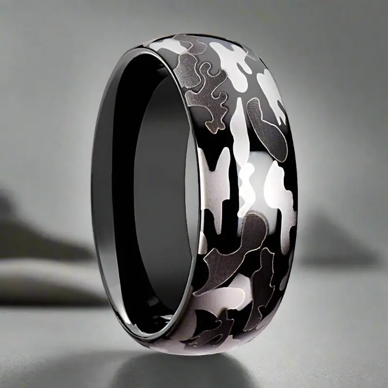 Admiral | Black Tungsten Ring, Black And Gray Camo, Domed 1