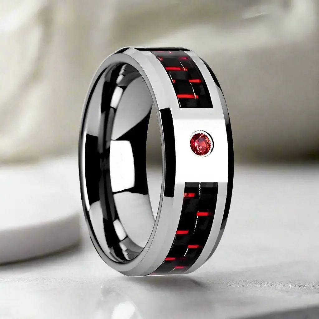 Adrian | Silver Tungsten Ring, Red Ruby Stone, Red & Black Carbon Fiber Inlay, Beveled 1