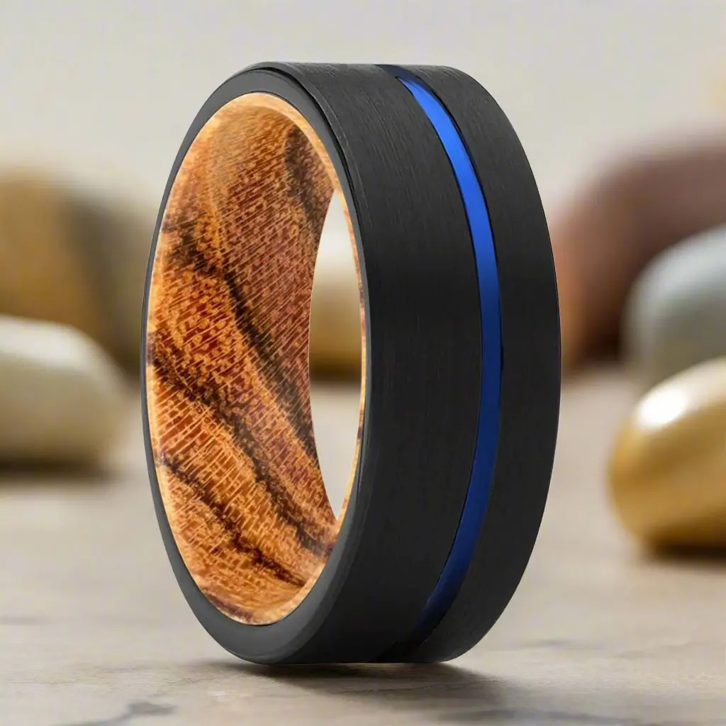 Adventune | Bocote Wood, Black Tungsten Ring, Blue Offset Groove, Flat 1