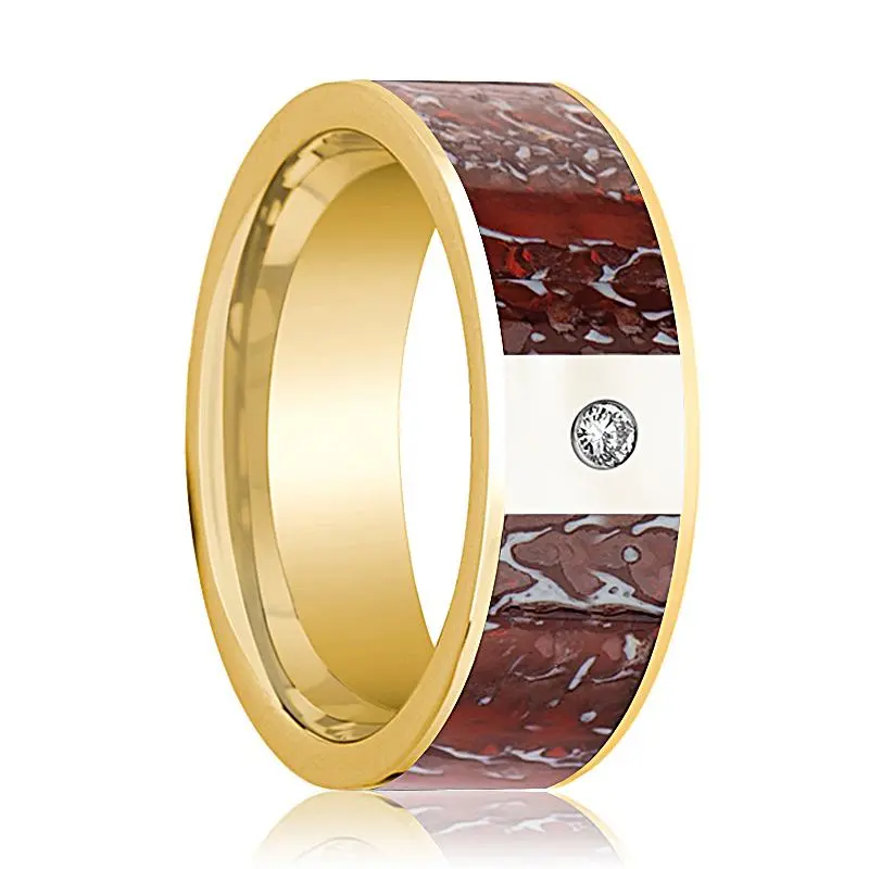 Adze | 14K Yellow Gold Ring Diamond And Red Dinosaur Bone 1