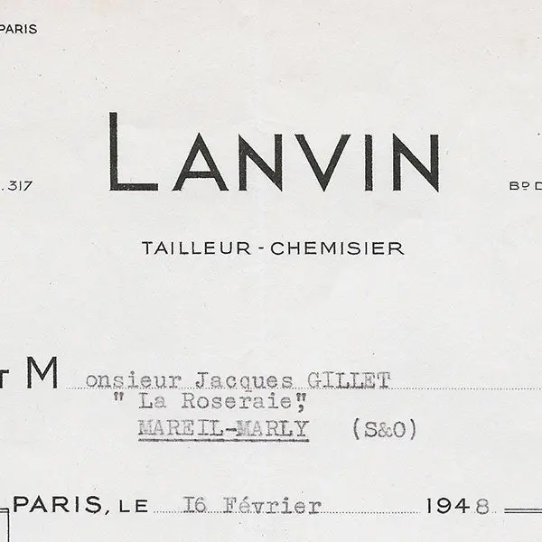Facture De La Maison Lanvin Tailleur Chemisier, 15 Faubourg Saint-Honoré À Paris (1948) 2