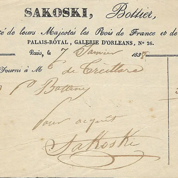 Sakoski - Facture Du Bottier, 26 Galerie D'orléans Au Palais Royal À Paris (1838) 2