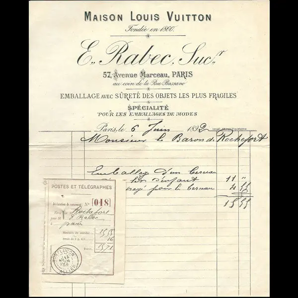 Facture De La Maison Louis Vuitton, Emile Rabec, 57 Avenue Marceau À Paris (1892) 1