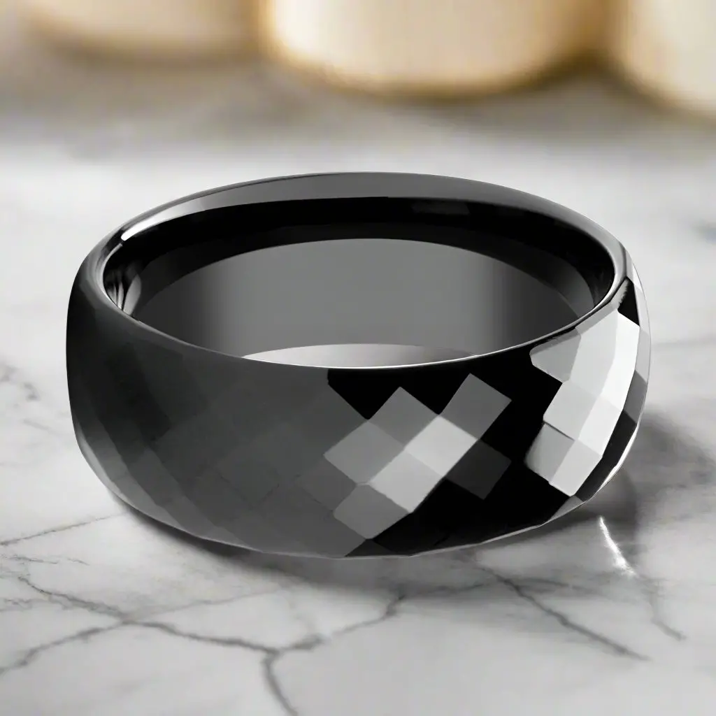 Aeon | Black Tungsten Ring, Diamond Faceted, Domed 3