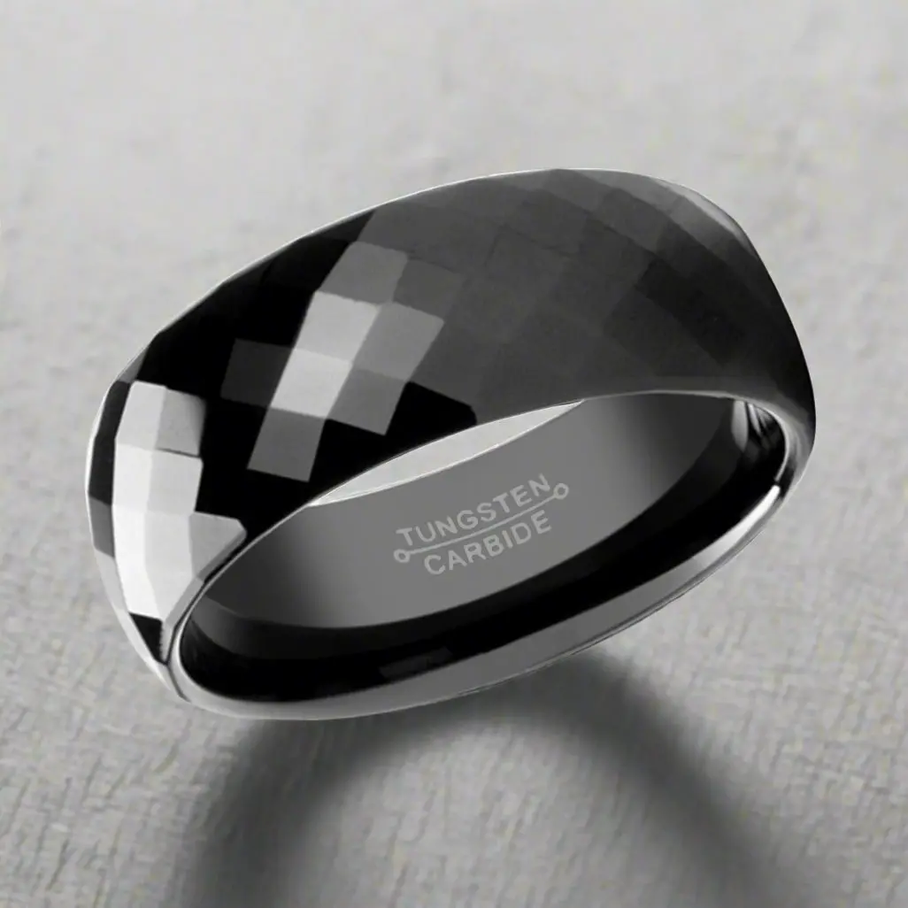 Aeon | Black Tungsten Ring, Diamond Faceted, Domed 2