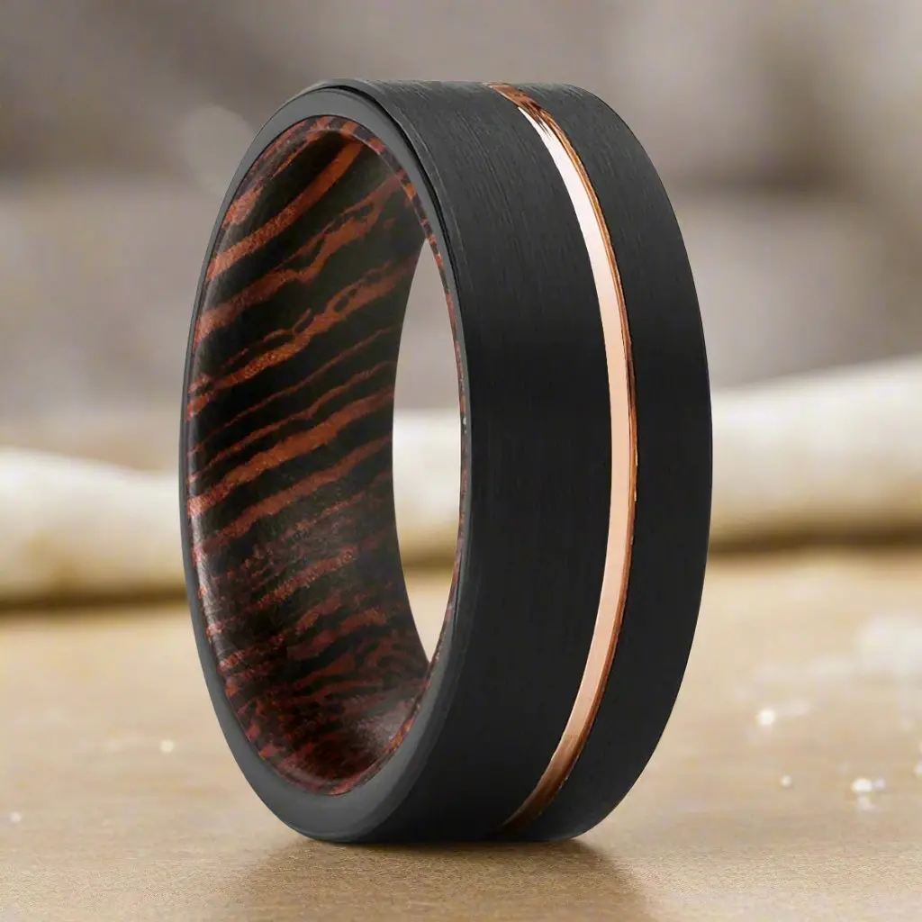 Aeon | Wenge Wood, Black Tungsten Ring, Rose Gold Offset Groove, Brushed, Flat 1