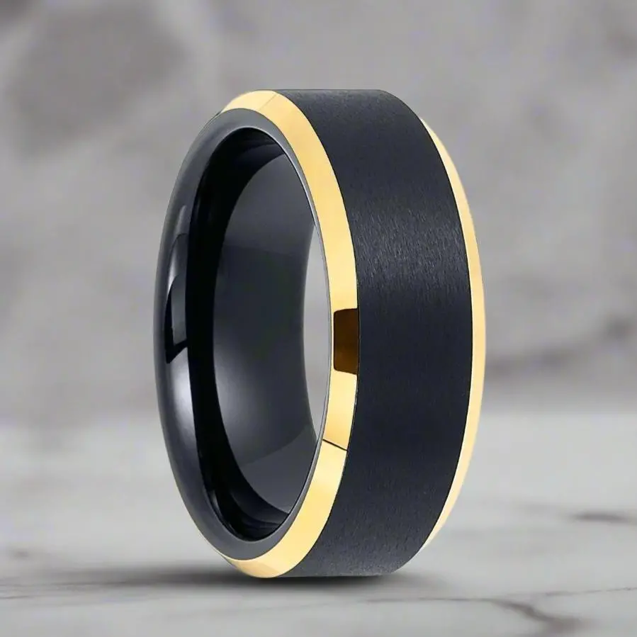 Aerglo | Black Tungsten Ring, Brushed, Gold Beveled Edges 1
