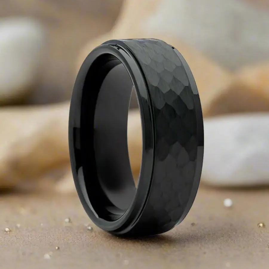 Aerobits | Black Tungsten Ring, Hammered, Stepped Edge 1